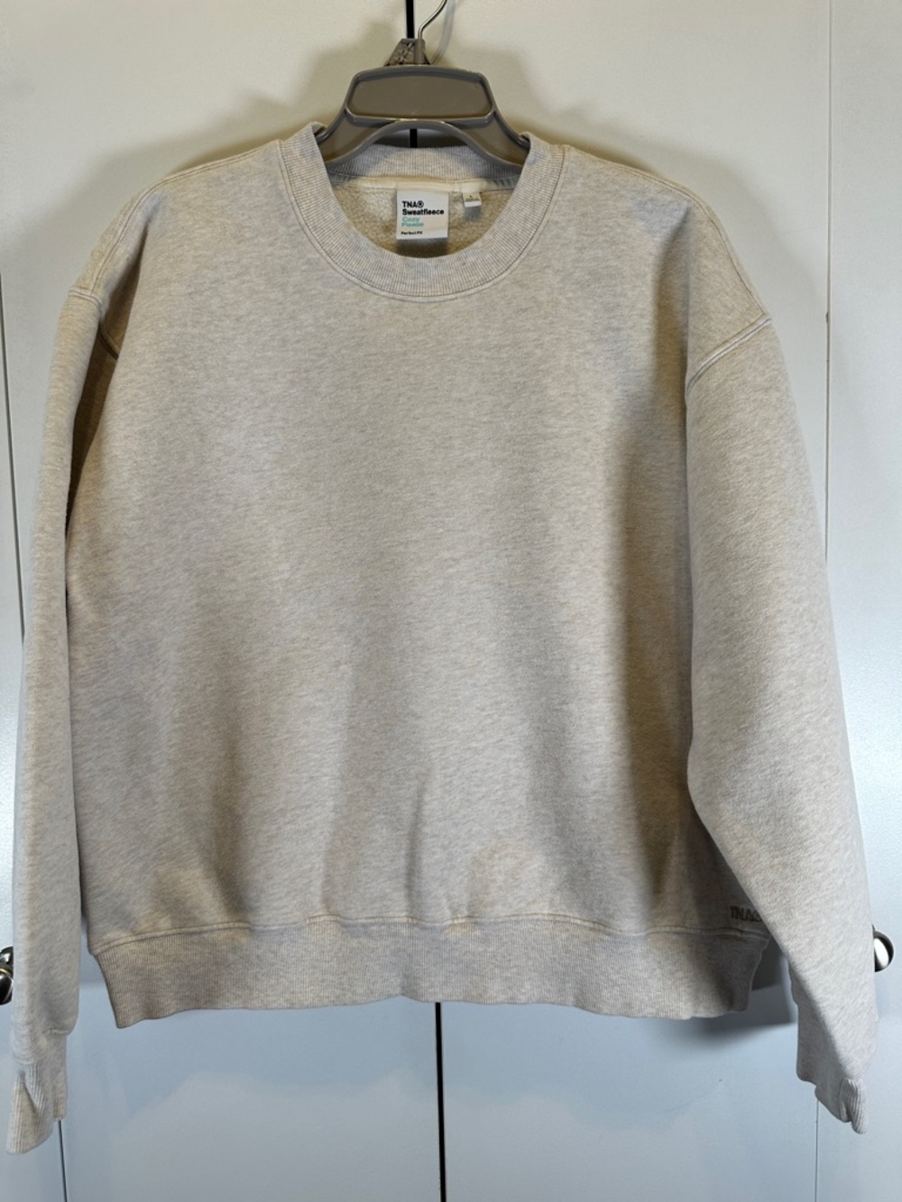 Aritzia TNA Sweatfleece Perfect Crew in Heathered Oatmeal Size L
